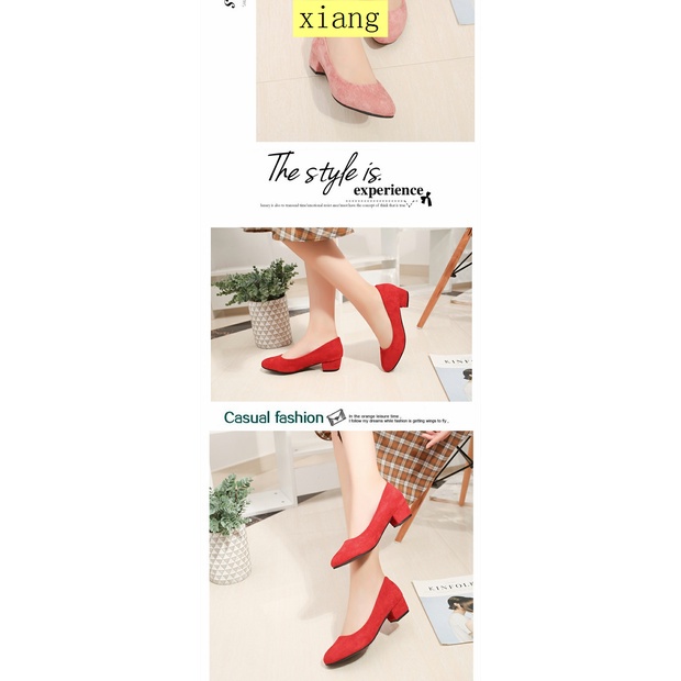 Giày cao gót da lộn mũi tròn đế thô 3cm dành cho nữ _&*