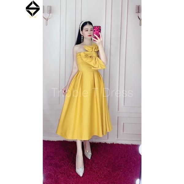 Đầm xoè dự tiệc 1 vai chéo ngực chất lụa taffeta phối nơ 3 cánh siêu xinh - size M/L - MS345V