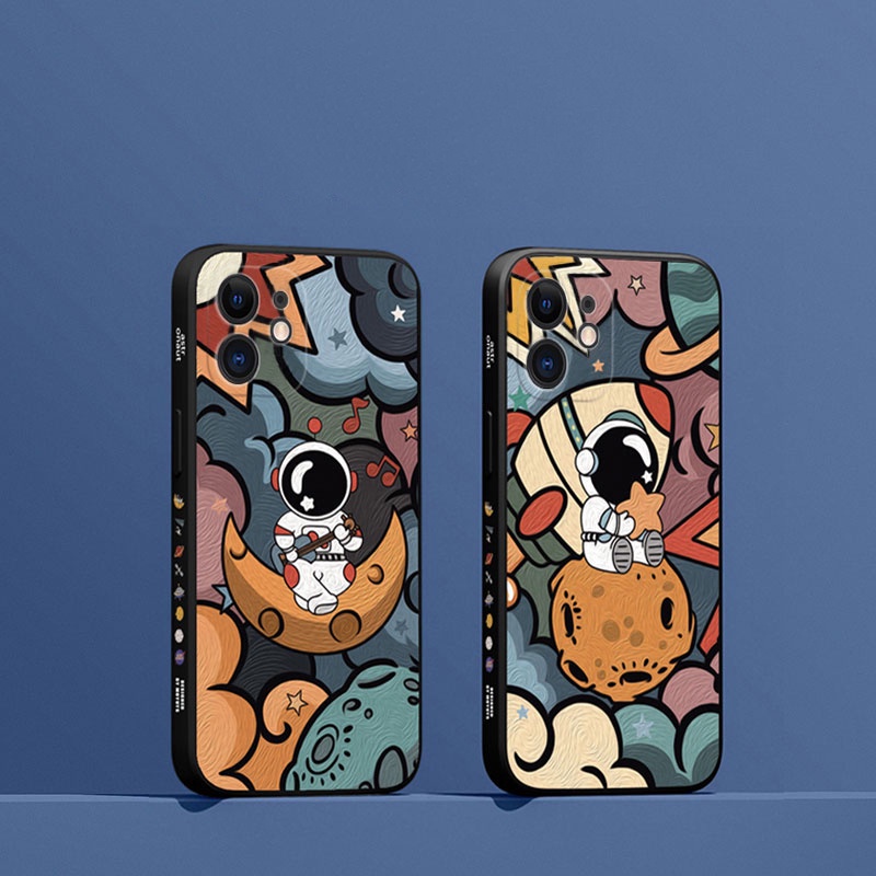 Ốp Điện Thoại Silicon Mềm Hình Phi Hành Gia Graffiti Gắn Dây Đeo Cho iPhone 14 13 12 11 Pro Max XS Max XR X 8 7 Plus