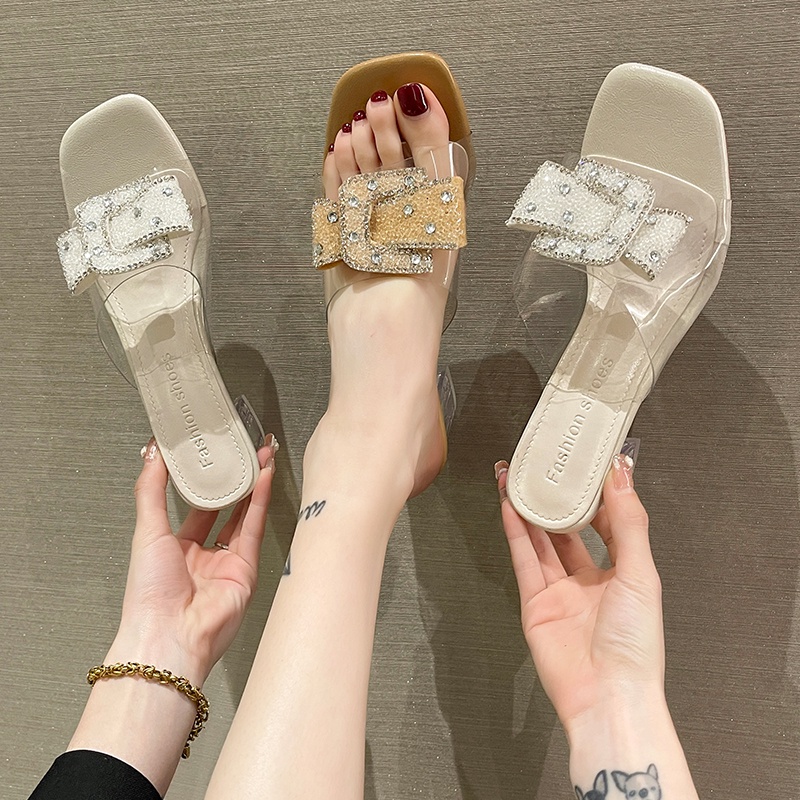 IELGY Dép  cao gót dày dặn trong suốt đính đá thời trang cho nữ