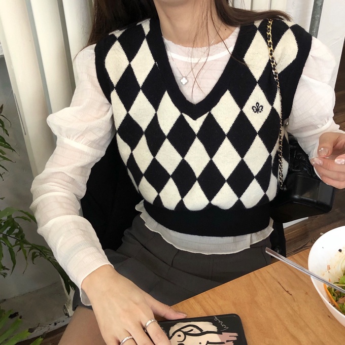Áo Dệt Kim Sát Nách Đính Đá Màu Trắng Đen Phong Cách Retro Hàn Quốc Cho Nữ