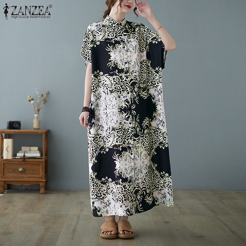 Zanzea Đầm Tay Ngắn Cổ Đứng Có Túi Phong Cách Hàn Quốc Thời Trang Cho Nữ