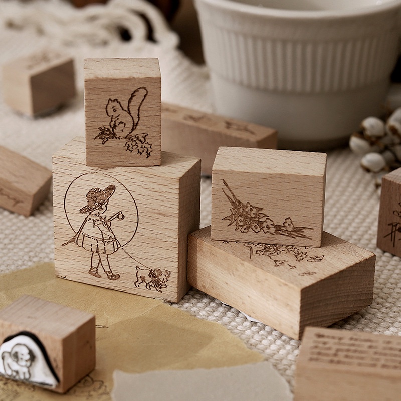 [Stamp] Con dấu gỗ in hình động vật sóc, vịt, chim, cún phong cách vintage trang trí bullet journal