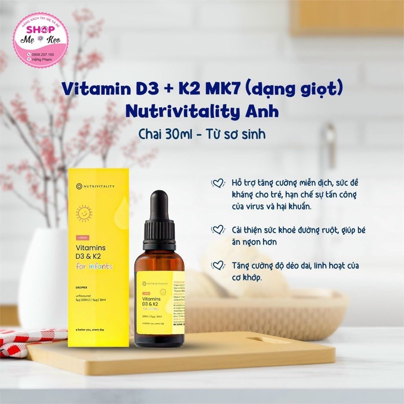 Chai Vitamin D3 K2 MK7 của Anh quốc dạng giọt, tăng chiều cao cho trẻ sơ sinh và cho bé