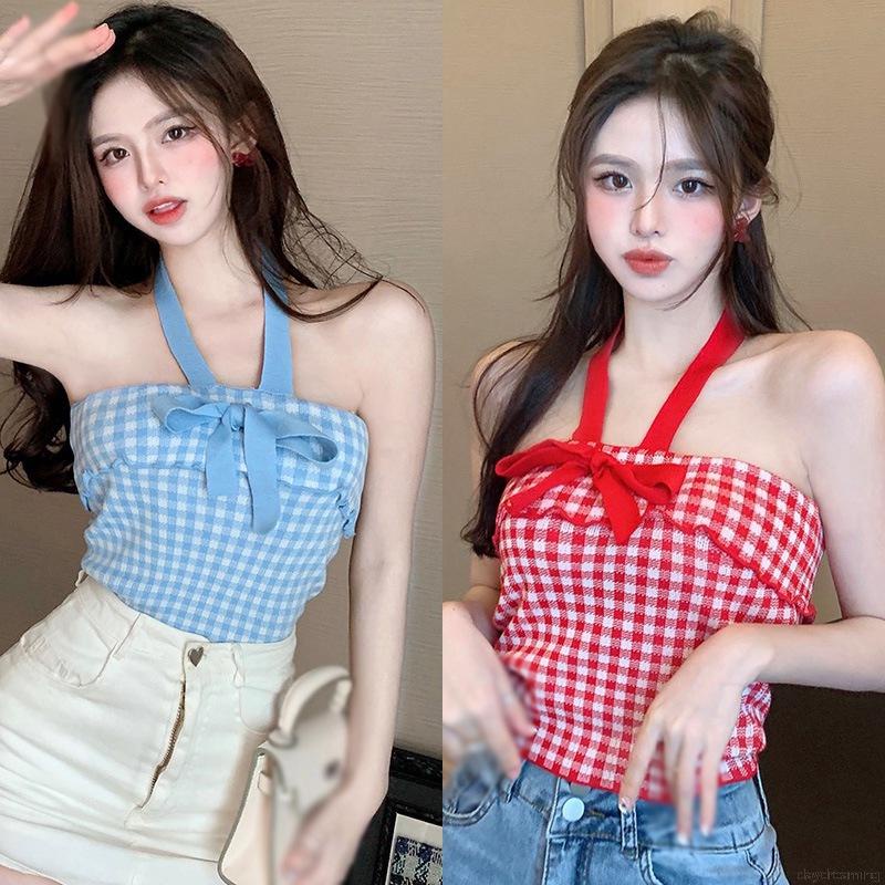 Áo Croptop dệt kim hai dây họa tiết caro đính nơ dáng ôm trẻ trung cho nữ