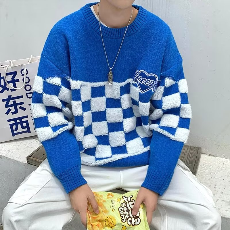 Áo Sweater Cổ Tròn Họa Tiết Sọc Caro Thời Trang Thu Đông Cho Nam