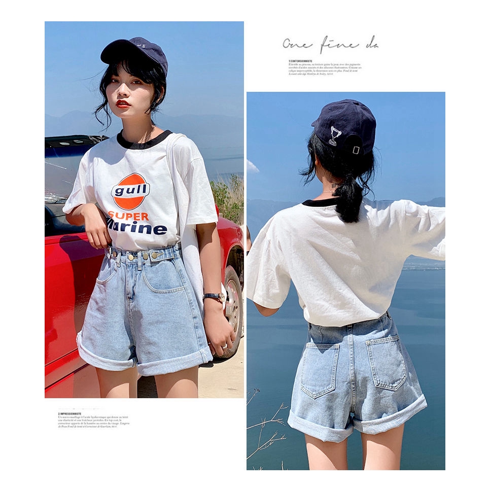 Woman With Ready Neck Short Pants Fashion Casual High Waistband Five Wide Denim Shorts