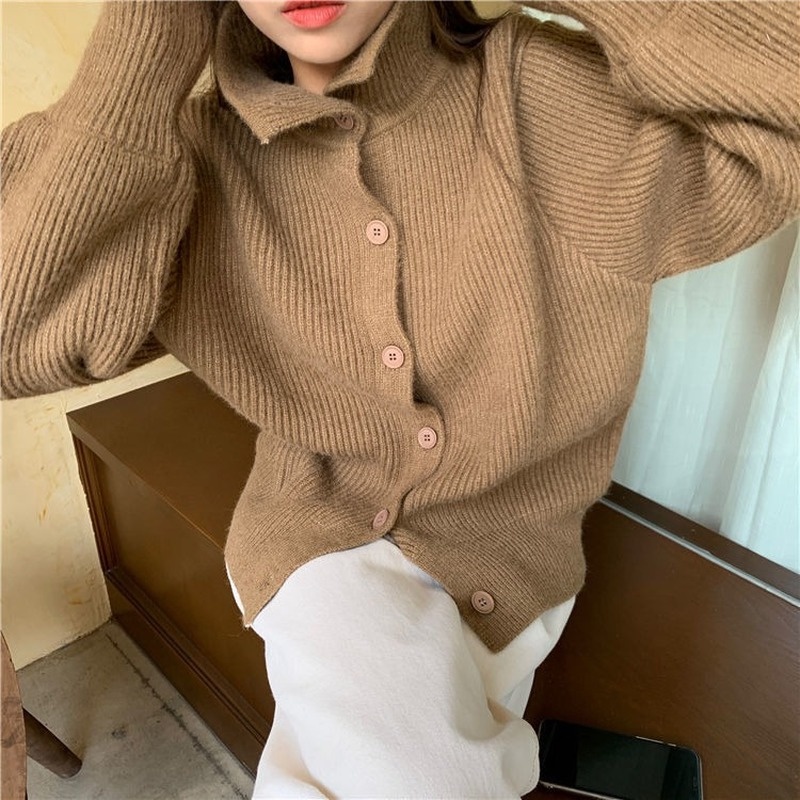 Áo khoác Cardigan dệt kim dày cổ lọ dáng rộng thời trang thu đông cho nữ
