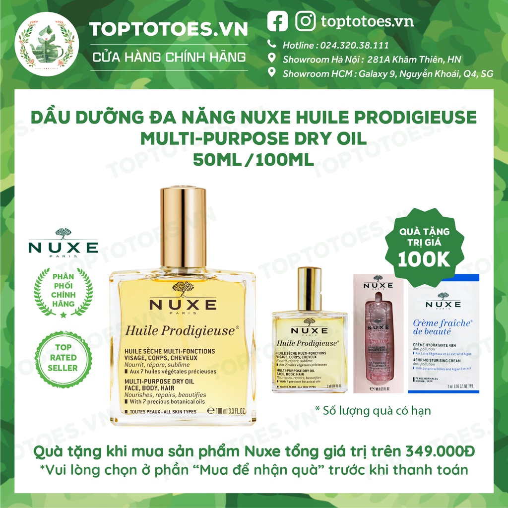 Dầu dưỡng đa năng Nuxe Huile Prodigieuse Multi-Purpose Dry Oil cho da mặt, body, tóc 50ml &amp; 100ml [NHẬP KHẨU CHÍNH HÃNG]