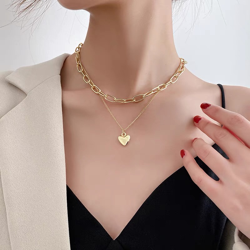Vòng cổ Hai Lớp Mặt Trái Tim Bằng Kim Loại Cá Tính Thời Trang