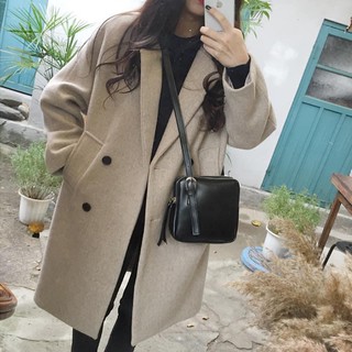 Áo khoác dạ Hàn cao cấp dáng dài mặc tôn dáng màu be màu đen order Quảng Châu vintage freeship