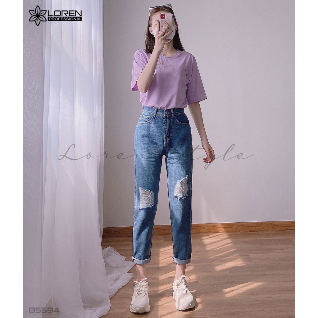 Quần jean baggy rách gối xanh B5594