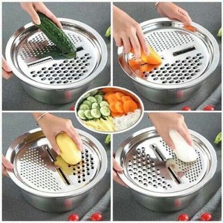 Hộp 3 món thau rổ nạo củ quả bằng inox 304 đa năng 3in1