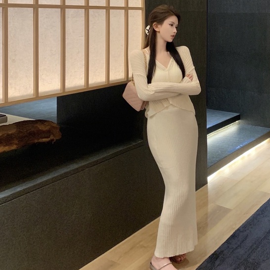 Bộ Áo Khoác Cardigan Dài Tay Chống Nắng Dáng Rộng + Chân Váy Eo Cao Thời Trang Mùa Thu Phong Cách Hàn Quốc Cho Nữ