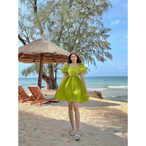 Váy xanh cốm babydoll tay bồng thắt nơ lưng
