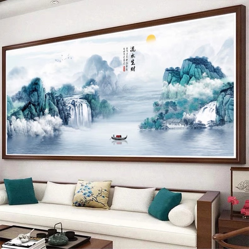 Tranh thêu chữ thập phong cảnh thác xanh thêu kín