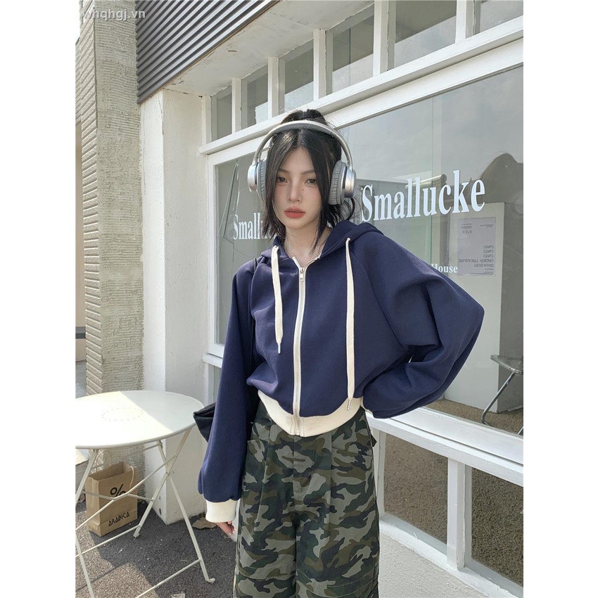 Áo Hoodie Lửng Dáng Rộng Có Khóa Kéo Phong Cách Hàn Quốc Thời Trang Mùa Thu Cho Nữ