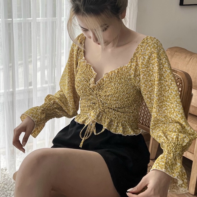 [Ảnh thật+ Video] ÁO HOA NHÍ RÚT GIỮA TAY DÀI VOAN DÁNG CROPTOP XINH XẮN VINTAGE , chizi shop