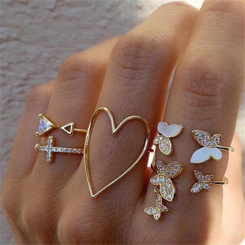 5 Pcs/set Sweet Butterfly Rings/Trend Fashion Cross Triangle Rings/Heart-Shaped Hollow Adjustable Open Ring Female Jewelry