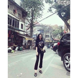 Quần bò đen ống loe ảnh thật