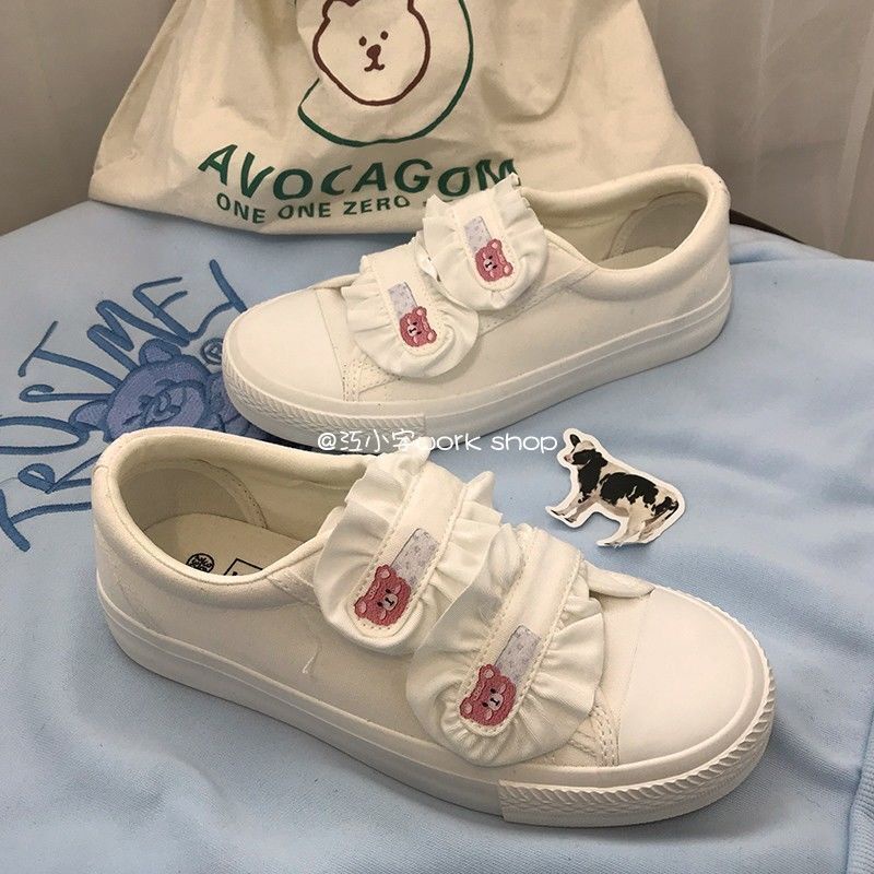 Giày Thể Thao Canvas Khóa Dán In Hình Gấu Nhỏ Phong Cách Nhật Bản Mới Cho Nữ