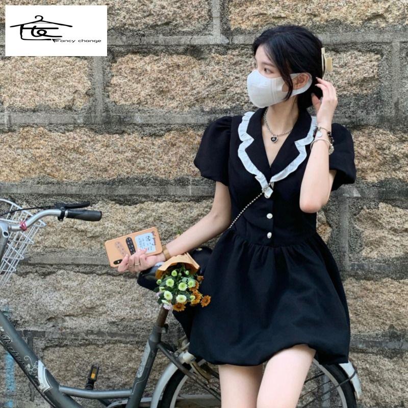 Đầm Ngắn Tay Phồng Màu Đen Phong Cách Pháp Cổ Điển Thời Trang Mùa Xuân Cho Nữ 2022