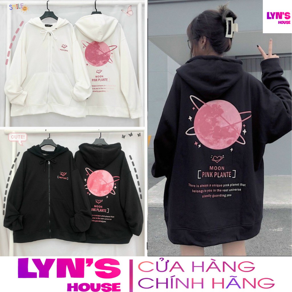 [Mã NHAC1111 Giảm 10k Đơn 0k] Áo khoác nữ hoodie nỉ Lyn House in hình Pink Plante form rộng unisex có 2 màu đen trắng