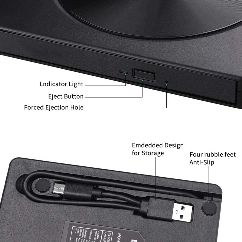 USB 3.0 External DVD Drive Portable TYPE-C CD DVD Writer Burner VCD Optical Player for Laptop Desktop Windows 10 Mac Os