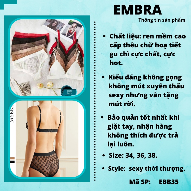 Bộ đồ lót không gọng gu chì xuyên thấu mẫu mới ren cao cấp hoạ tiết sang chảnh mã EBB35