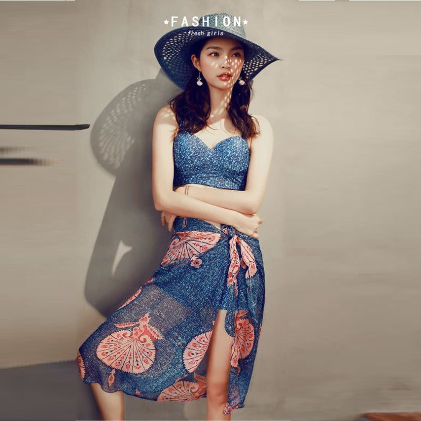 BB7734 - Bộ bikini kèm khắn đi biển họa tiết hàng nhập