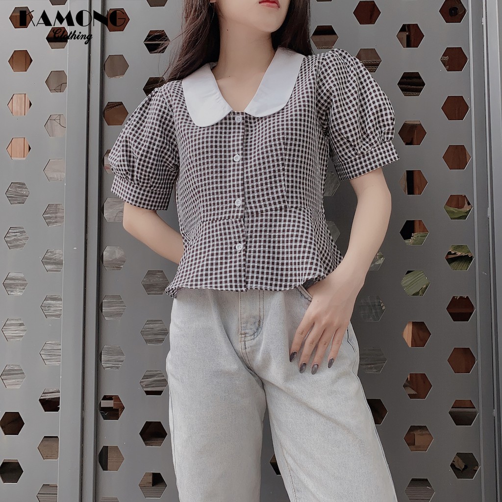Áo kiểu croptop caro cổ sen KAMONG A046 | BigBuy360 - bigbuy360.vn