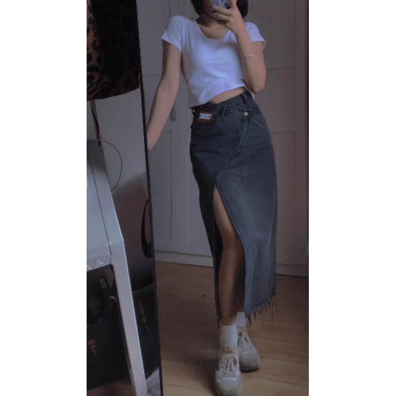 Chân váy jeans dài xẻ đùi cao phối đai eo chéo cá tính