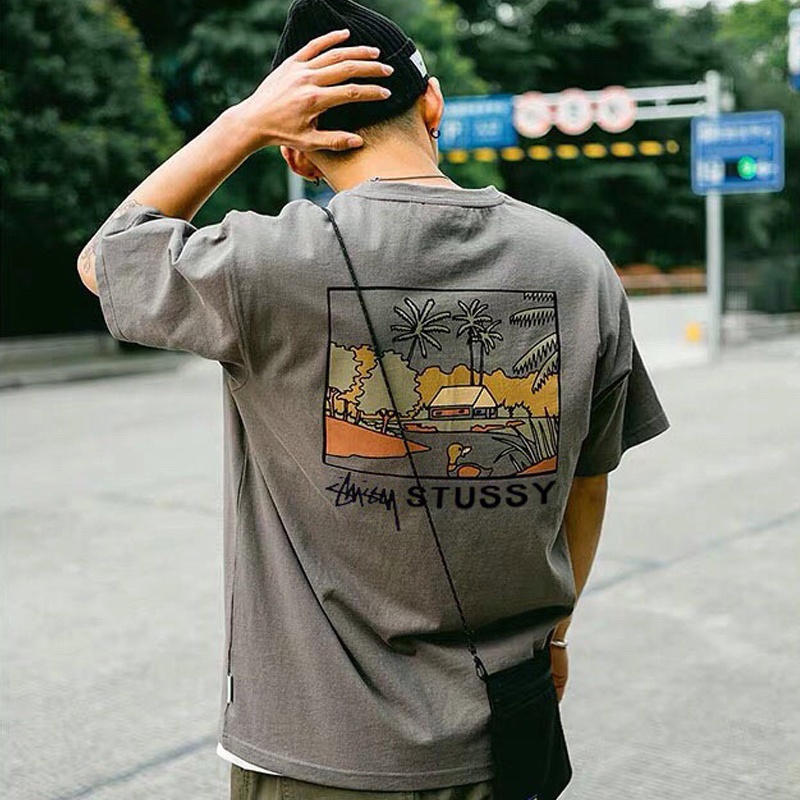 Áo Thun Cotton Tay Ngắn In Họa Tiết Hoạt Hình Stussy Độc Đáo