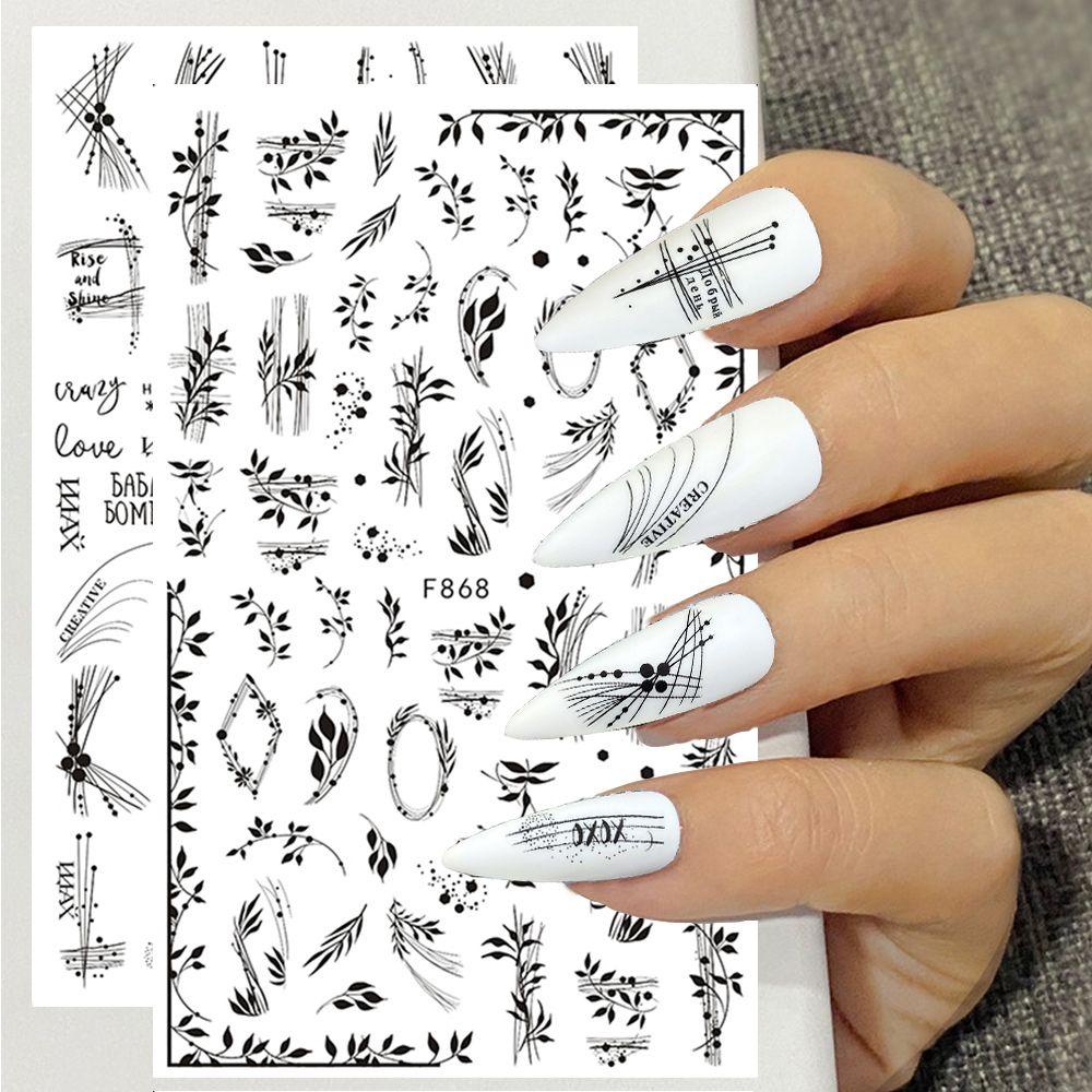 [Hàng mới về] Miếng dán trang trí móng tay họa tiết cây lá bướm màu trắng đen nghệ thuật 3D