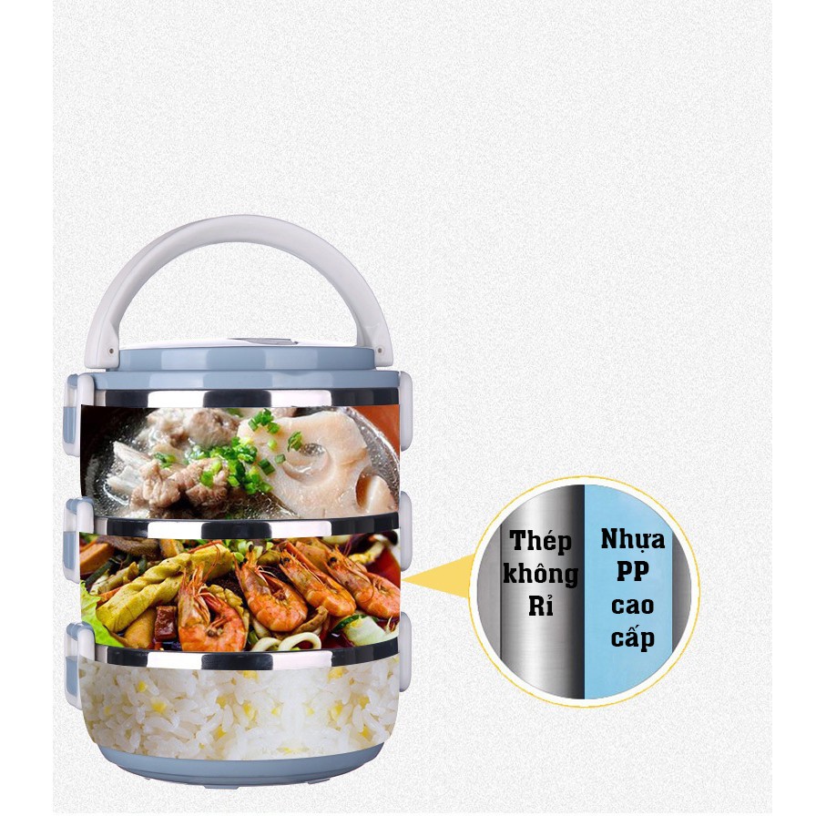 Cặp lồng giữ nhiệt 3 tầng tiền lợi, lớp inox 304 chống gỉ, an toàn vệ sinh, kiểu dáng sang trọng