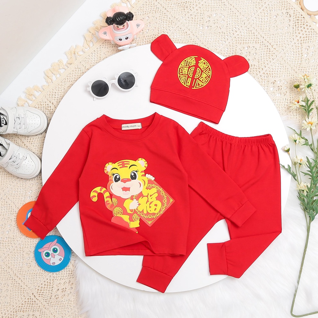 Đồ Bộ Mặc Tết Minky Mom Vải Cotton Mềm Mịn Co Giãn Cực Tốt Kèm Mũ 3D, Bộ Quần Áo Mặc Tết Cho Bé MKMTD2174