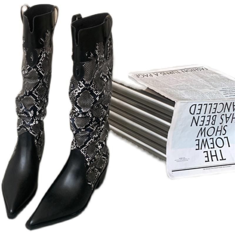 Giày Bốt Cao Bồi Cao Bồi Mũi Nhọn Xếp Ly Dày Dặn Phong Cách Cao Bồi Phương Tây Mẫu Mới 2022 Thời Trang Thu Đông Cho