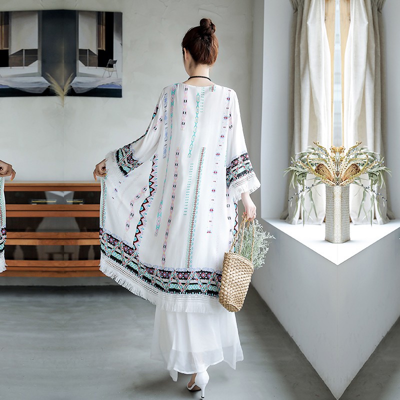 Áo choàng đi biển thổ cẩm tua rua dài/ áo sơ mi