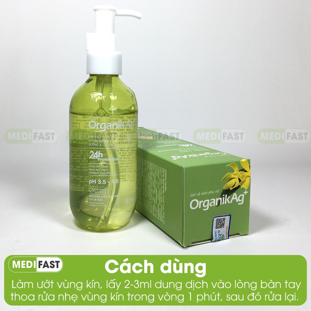 Dung dịch vệ sinh Organik Ag+ - Gel vệ sinh phụ nữ giúp làm sạch, kháng khuẩn và dưỡng ẩm - Chai 180ml