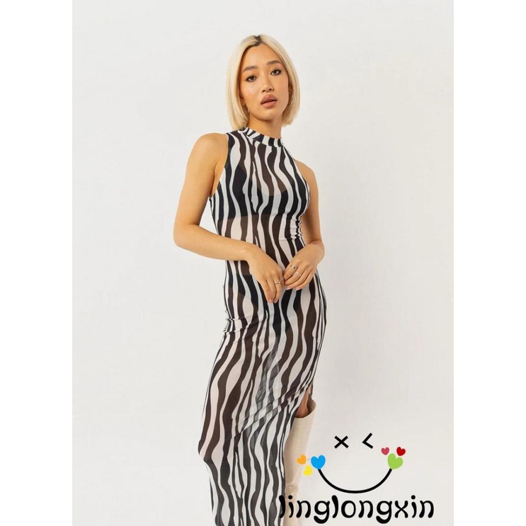 Linglongxi2 Đầm Không Tay Cổ Lọ Họa Tiết Kẻ Sọc / In Thời Trang Đi Biển Cho Nữ
