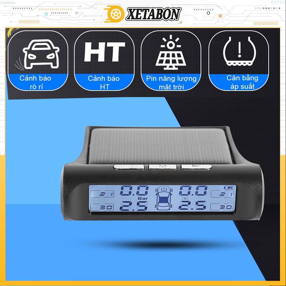 Cảm biến áp suất lốp ô tô XETABON- TPMS van gắn ngoài pin sạc năng lượng mặt trời, màn hình đen trắng BH 12T