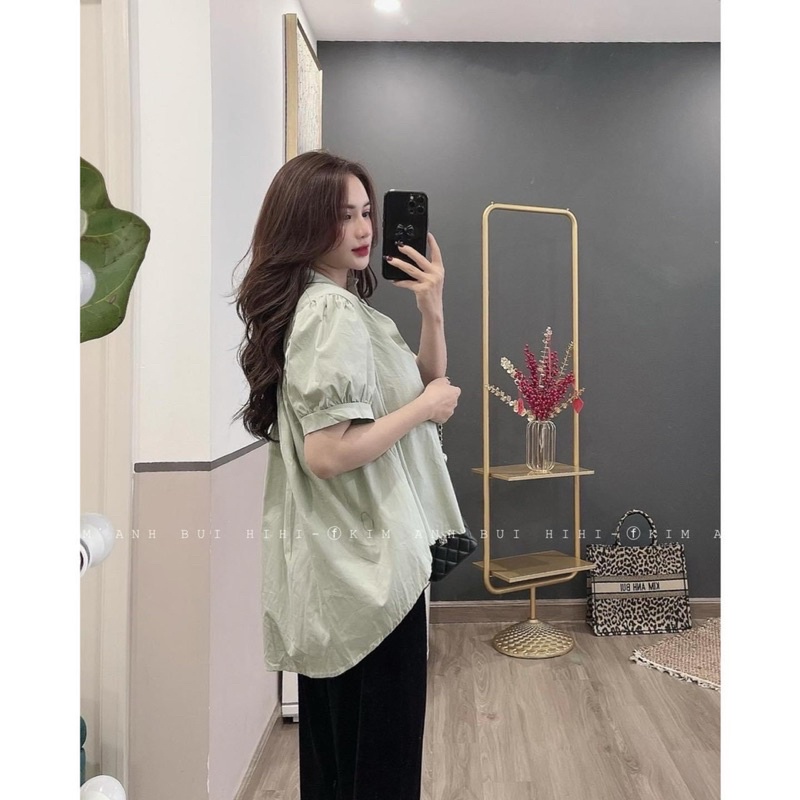 Áo sơ mi vạt lệch xếp ly lưng xanh - đỏ