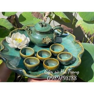 Bộ trà gốm sứ Bát Tràng cao cấp men hoả biến lục bảo đắp nặn thủ công