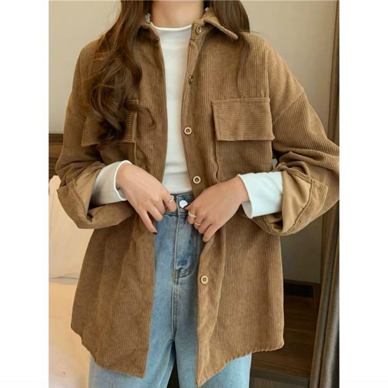 Sơ mi nhung tăm form rộng 2 túi unisex