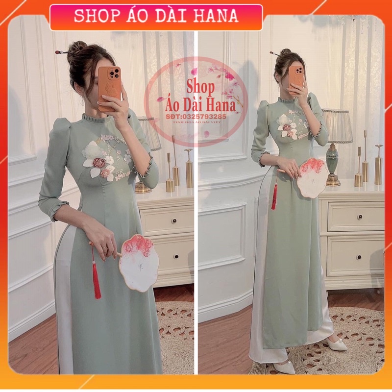 Áo dài cách tân nữ cổ và tay xếp ly, áo dài thiết kế đính hoa mộc miên xinh chất vải mềm mại, áo dài may sẵn