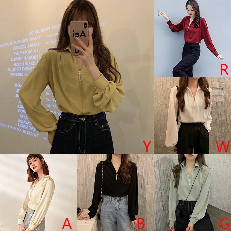 Áo Sơ Mi Nữ Tay Dài Cổ Chữ V Màu Trơn Phong Cách Hàn Quốc