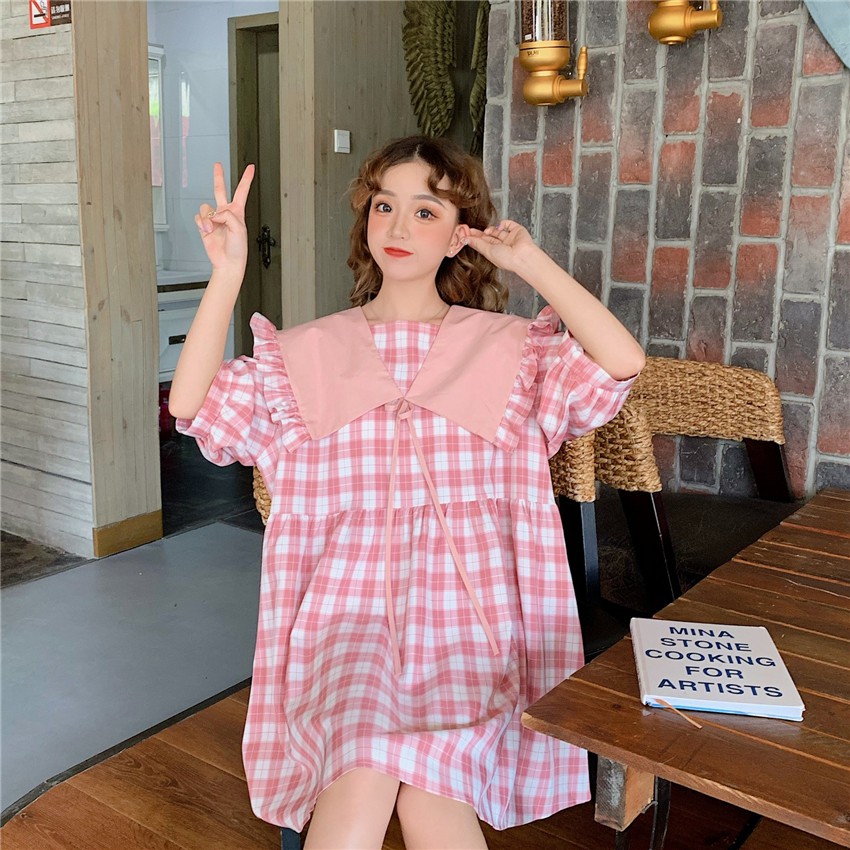Đầm baby doll tay lỡ cố áo búp bê sọc caro tay áo bong bóng ulzzang ( 2 màu )