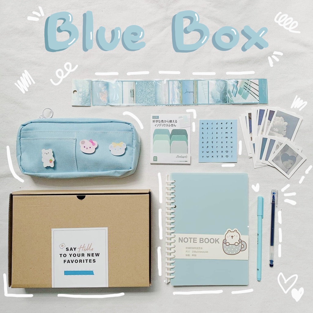 Blue Box - Combo Đồ Dùng Stationery Tone Màu Xanh Biển - Set Dụng Cụ Take Note - Sổ Còng Binder, Hộp Bút Pastel, Sticker