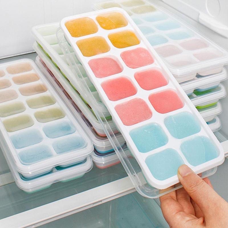 Khay Đá Silicon 14 Viên Vuông Có Nắp Đậy, Làm Kem Thạch Sữa Chua, Đựng Đá Tủ Lạnh