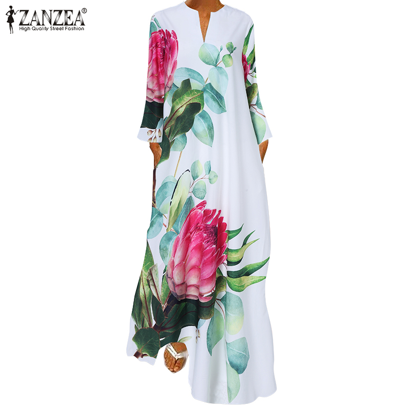 Đầm Maxi ZANZEA Tai Dài Cổ Chữ V Họa Tiết In Có Túi Hai Bên Cho Nữ